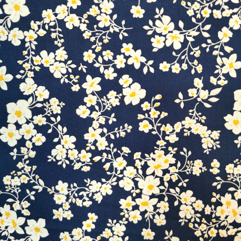 Floral Cotton Poplin- White Blooms on Navy